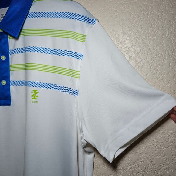 IZOD STRETCH GOLF GOLFING POLO SHIRT MENS LARGE WHITE GREEN BLUE EUC - Picture 7 of 12